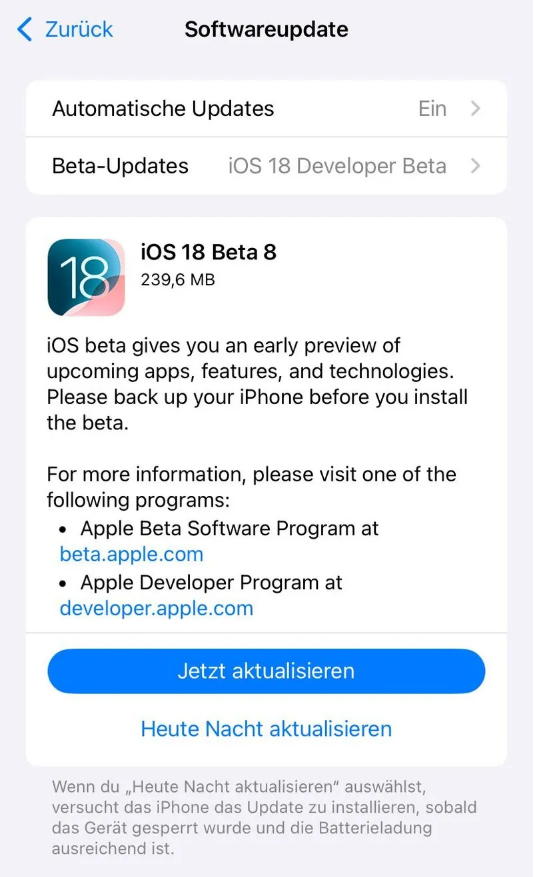 安塞苹果手机维修分享苹果 iOS / iPadOS 18 开发者预览版 Beta 8 发布 